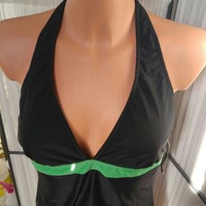 NWT Style & Co Black Green band halter Tankini swim top slimming 12 / L